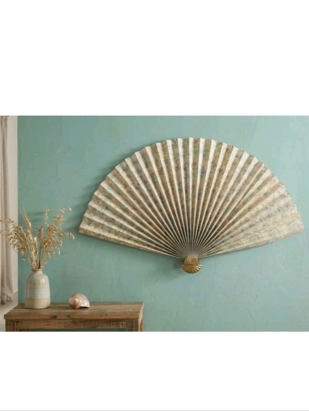 Vintage Hollywood Regency Paper Folding Wall Fan Brass Shells Nautical Coastal